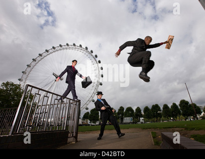 Parkour in suits, corporate risk, London Stock Photo