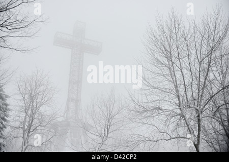 Mont Royal Cross / Croix du Mont royal in the mist and fog in Snow covered Mont Royal Park, Winter, Parc du Mont Royal, Montreal Stock Photo