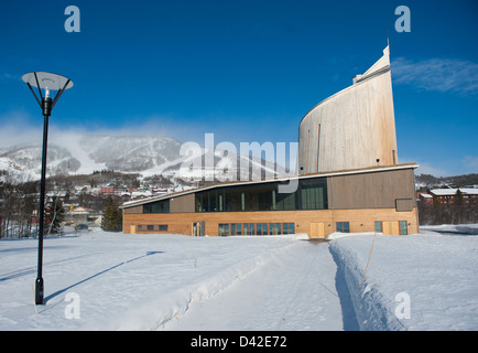 Exteriour of the modern Geilo Kulturkyrkje by Jorun Westad Bruslett in Geilo, Hallingdal, Norway, in winter Stock Photo