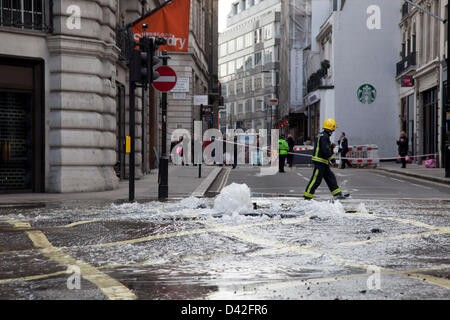 London, UK. Saturday 2nd March 2013. Burst water main causes flooding disruption in central London. Stock Photo
