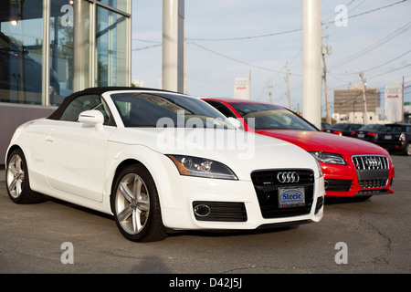 New Audi TT and S4 model cars at a dealership in Halifax, Nova Scotia, Canada. Stock Photo