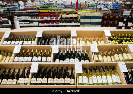 Wine on display at a Costco Wholesale Warehouse Club. Stock Photo