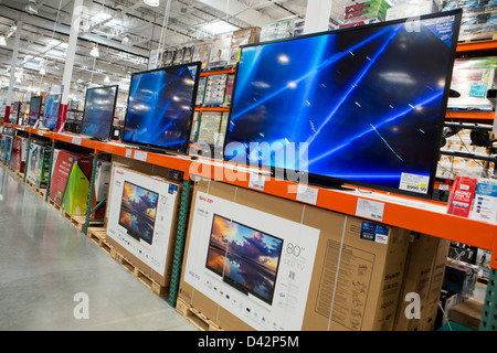Flat screen televisions on display at a Costco Wholesale Warehouse Club. Stock Photo