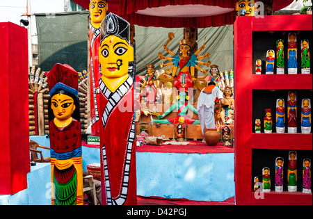 A modern pandal, display, of the Goddess Durga during the week long festival of Durga Puja in Kolkata, India. Stock Photo