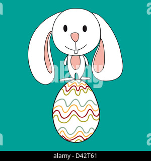 Funny baby Easter bunny balanced over a decorative egg. This illustration is layered for easy manipulation and custom coloring Stock Photo