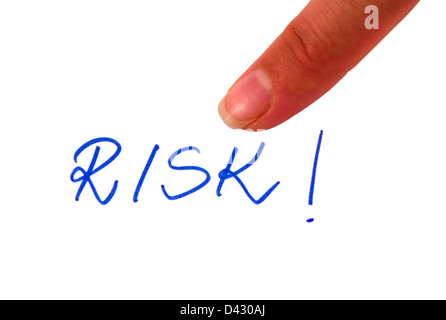 word risk on isolated white background and finger show point to it Stock Photo