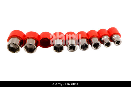 various size wrench tommy spanner tool heads in rubber tray  isolated on white background Stock Photo