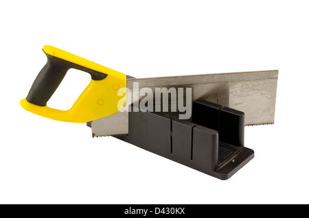 plastic hand saw and angle cut miter box tool isolated on white background Stock Photo