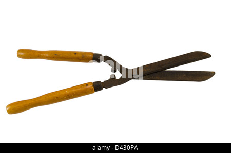 retro garden hedge trimmers clippers scissors tool with wooden handle isolated on white background Stock Photo