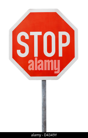 Red stop sign on a metal pole against white background Stock Photo