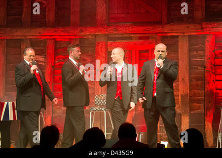 Essex, UK, Friday 2nd March 2013. The New 4 Poofs and a Piano perform live at The High Barn, Great Bardfield, Essex, UK, during their 2013 Tour. Left, Bobby Crush, 2nd left, Ian Lilley, 3rd left, Graeme Clark, right, Big Dave Wickenden. Stock Photo