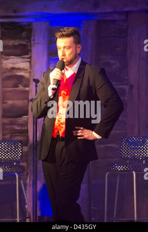 Essex, UK, Friday 2nd March 2013. Ian Lilley of The New 4 Poofs and a Piano performs live at The High Barn, Great Bardfield, Essex, UK, during their 2013 Tour. Stock Photo