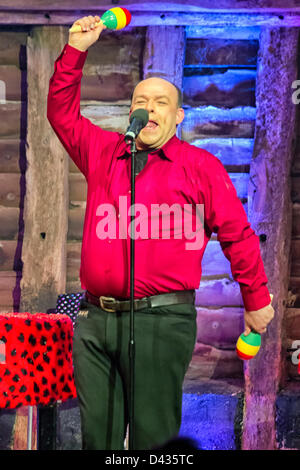 Essex, UK, Friday 2nd March 2013. Big Dave Wickenden of The New 4 Poofs and a Piano performs live at The High Barn, Great Bardfield, Essex, UK, during their 2013 Tour. Stock Photo