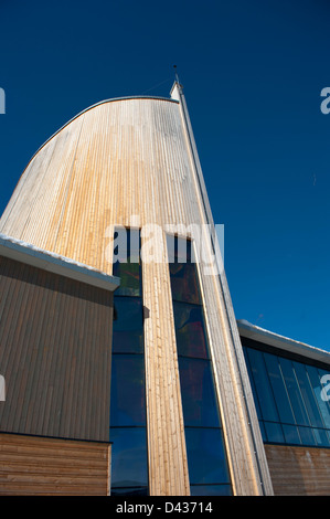 Wiooden spire with glass window by Kjell Nupen or the Geilo Kulturkyrke in Geilo, Hallingdal, Norway Stock Photo