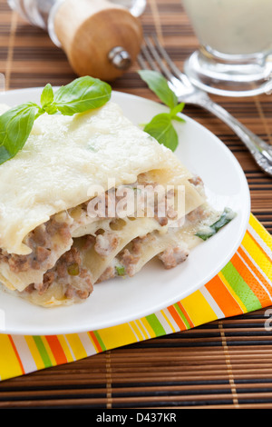 Meat lasagna with sauce bechamel, closeup Stock Photo