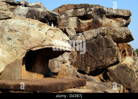 Rock Cut caves and Cave Entrance view in udayagiri Hills Orissa India Stock Photo