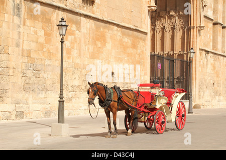 Transport for tourists - Horse and red carriage in Palma city, Majorca Stock Photo