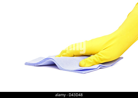 Studio shot of a male hand with rubber glove wiping with a cloth isolated on white background Stock Photo