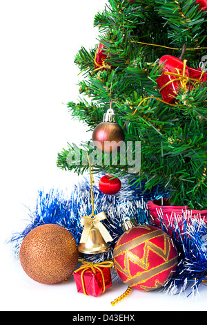 Colorful Christmas Decorations on a Tree Isolated on a White Background Stock Photo