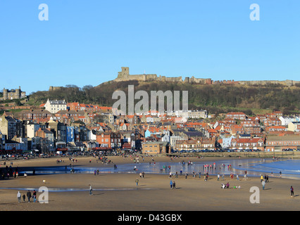 Scenic view of Scarborough castle and beach, North Yorkshire, England. Stock Photo