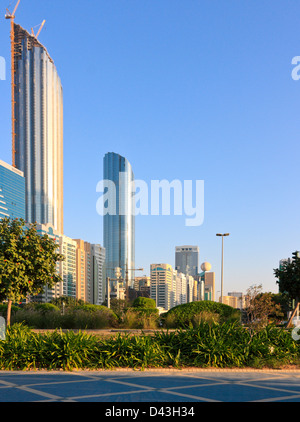 Modern high rise buildings, Domain Tower and Trust Tower, near central market and corniche in Abu Dhabi, UAE Stock Photo