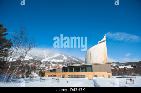 The modern Geilo Kulturkyrke made from wood, concrete and glass by Jorun Westad Brusletto, Geilo, Hallingal, Norway Stock Photo