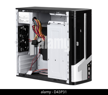 Open computer case to install your hardware accessory systems for assembly isolated Stock Photo