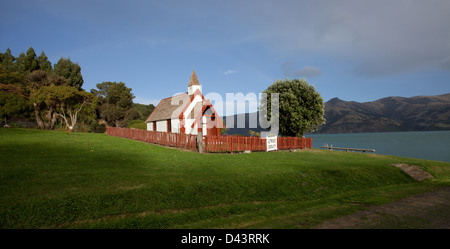 Nice panorama view of Maori church on a sunny day in Akaroa south island New Zealand Stock Photo