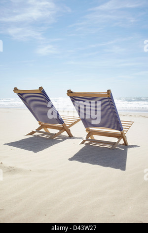 Pair of Beach Chairs, Lacanau, Gironde, Aquitaine, France Stock Photo