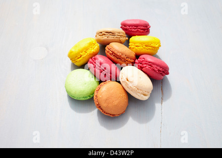 Macarons on Wooden Surface, Arcachon, Gironde, Aquitaine, France Stock Photo