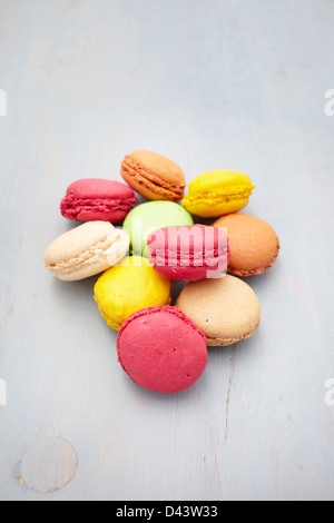 Macarons on Wooden Surface, Arcachon, Gironde, Aquitaine, France Stock Photo