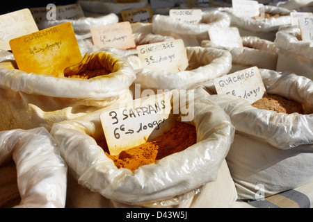 Bags of Spices for Sale at Market, Cap Ferret, Gironde, Aquitaine, France Stock Photo