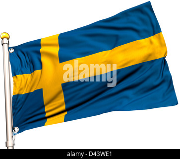 Sweden flag on a flag pole. Clipping path included. Silk texture visible on the flag at 100%. Stock Photo