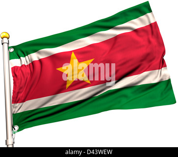 Suriname flag on a flag pole. Clipping path included. Silk texture visible on the flag at 100%. Stock Photo