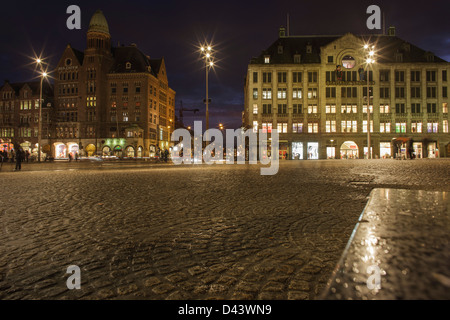 Dam Square at Night, Amsterdam, Netherlands Stock Photo