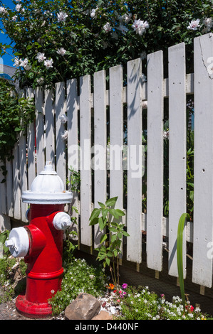 Fire Hydrant beside White Picket Fence, Provincetown, Cape Cod, Massachusetts, USA Stock Photo