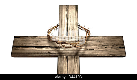 A wooden cross that has a christian woven crown of thorns on it depicting the crucifixion on an isolated background Stock Photo