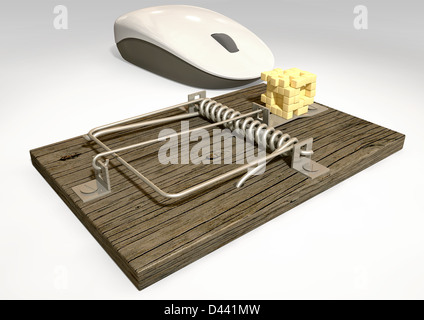 A regular wood and metal mousetrap baited with a depiction of a block of cheese in pixels being looked at by a white computer mo Stock Photo