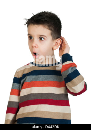 Child listening with ear. White isolated studio shot Stock Photo