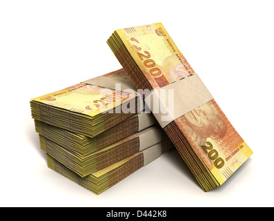 A stack of bundled two hundred rand notes on an isolated background Stock Photo