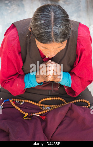 Woman praying, Bodhanath Stupa, Kathmandu, Nepal Stock Photo