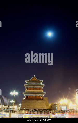 night view of Chinese tower building around tiananmen square Stock Photo