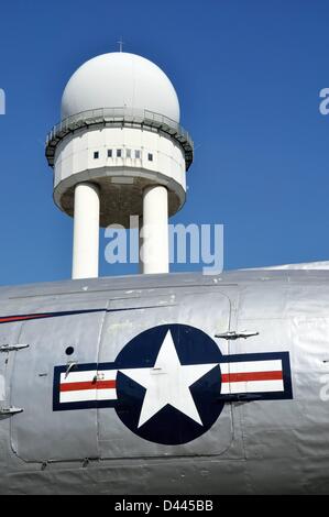 Radar tower and Rosinenbomber (Candy Bomber) are pictured at Berlin Tempelhof Airport, which was shut down on 30 October 2008, in Berlin, Germany, 30 September 2011. Fotoarchiv für ZeitgeschichteS.Steinach Stock Photo