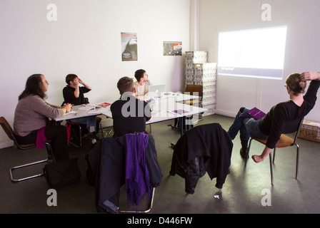 Paris, France, AIDS Activists of Act Up Paris, at Meeting with Emmanuel Chateau, Treatment as Prevention TASP presentation slides, HIV gay community Stock Photo