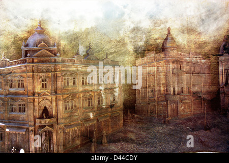 Various aged buildings as an old paper background Stock Photo