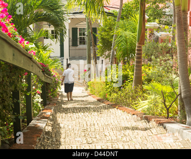 Ninety nine steps with lady tourist descending in Charlotte Amalie St Thomas Stock Photo