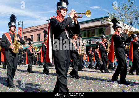 High school marching band performs during Chinese New Year parade in Los Angeles' Chinatown. Stock Photo