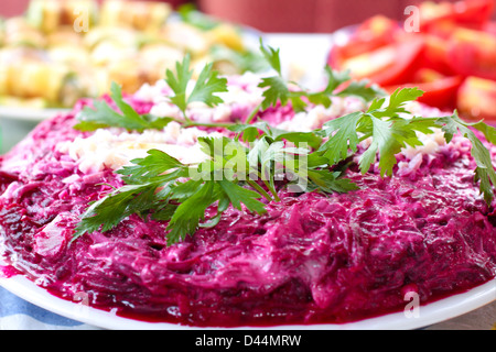 traditional Russian herring salad garnished with leaves of green Stock Photo