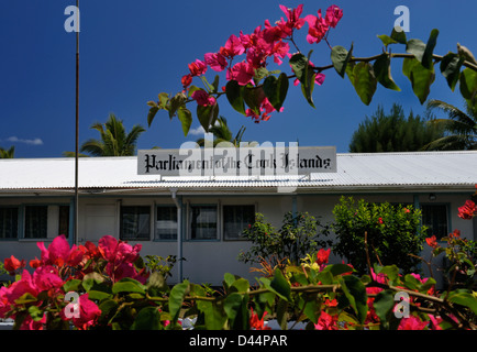 Exterior of Cook Islands' Parliament in Rarotonga, the tin roofed building near the airport was apparently a former hotel. Stock Photo
