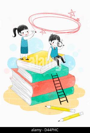 Illustration of Kids Sitting on a Pile of Books Stock Photo - Alamy